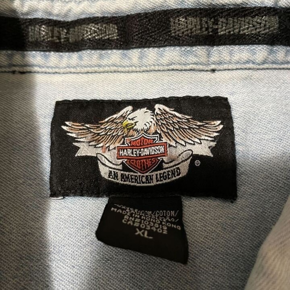 Harley-Davidson Mens XL Light Wash Denim Short Sleeve Button Up Shirt Logo Blue - Picture 4 of 7